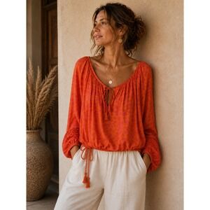 Hoss Intropia Peasant Blouse Top Womens 34 XS Orange Pink Leaf Tassel Boho